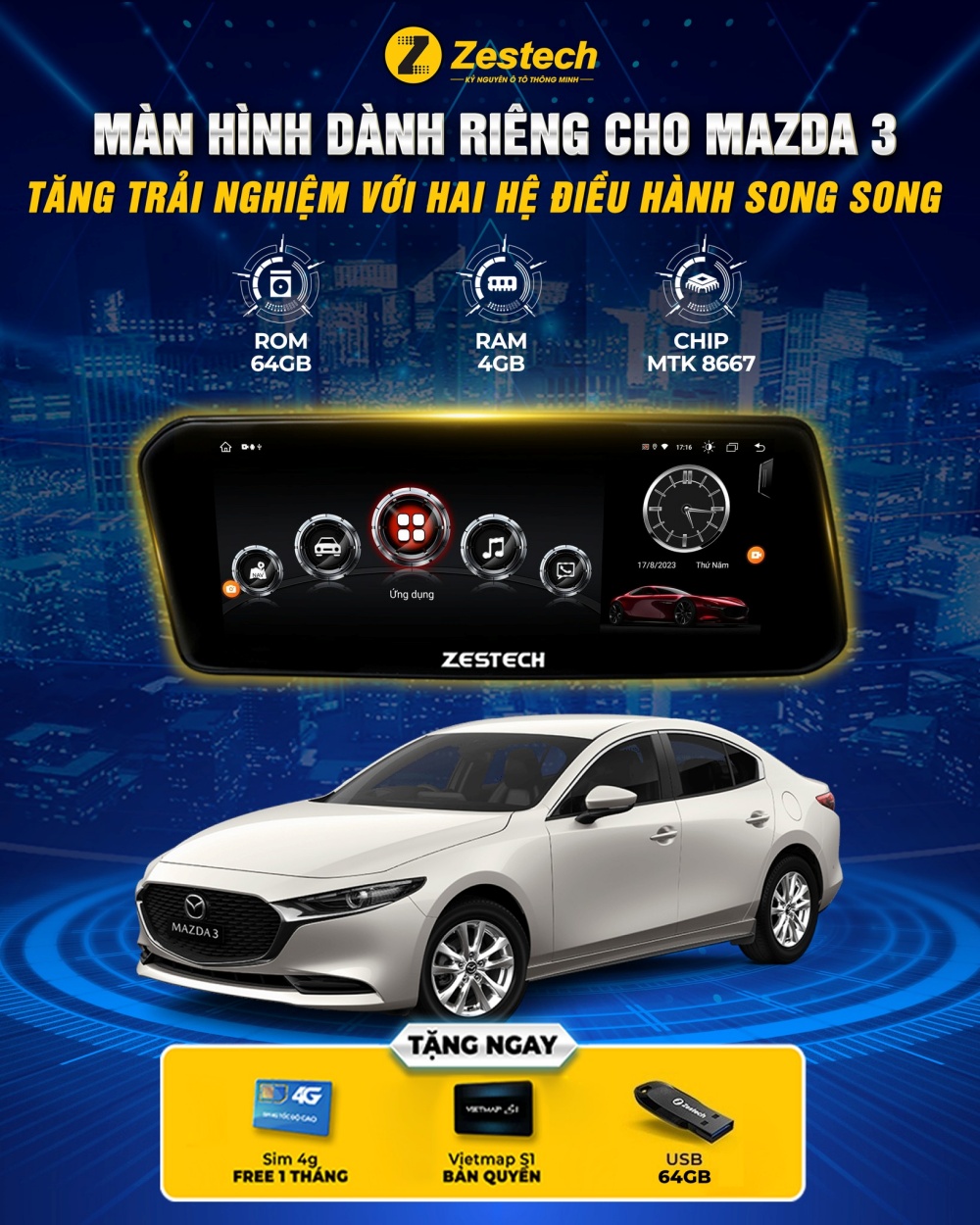 Màn hình Android cho xe Mazda 3 với 2 hệ điều hành song song