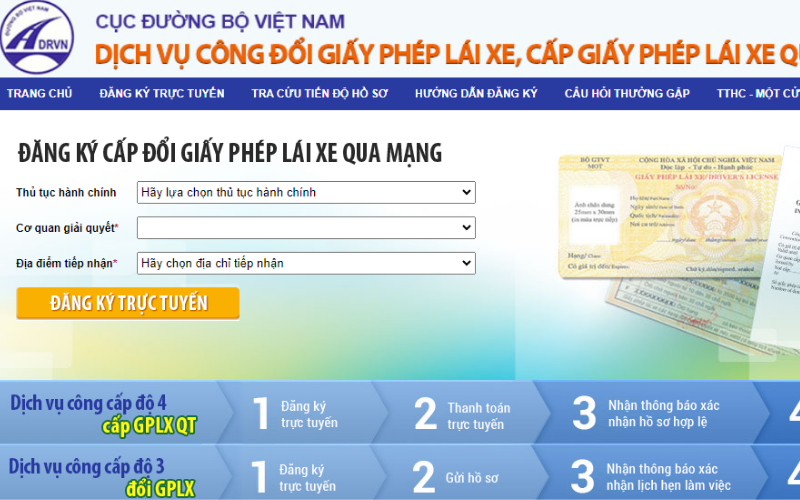 Cách thực hiện đổi bằng lái xe ô tô online trên trang web của Cục Đường bộ Việt Nam