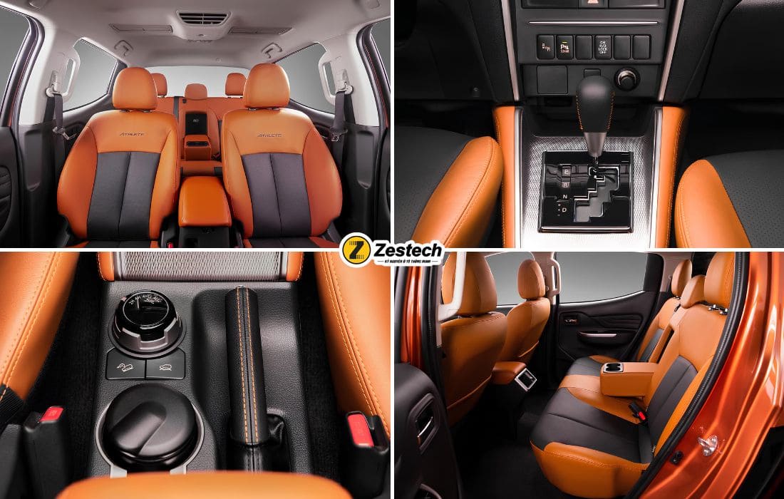 Nội thất của Mitsubishi Triton Athlete nổi bật với sự phối hợp tinh tế của màu cam và đen