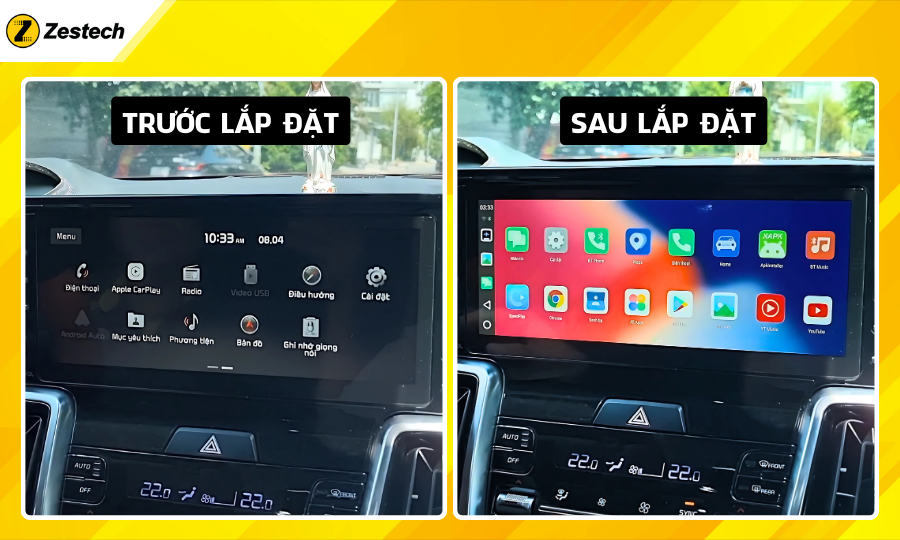 Trước và sau khi lắp đặt Android Box cho xe Kia Sorento 2021-2024