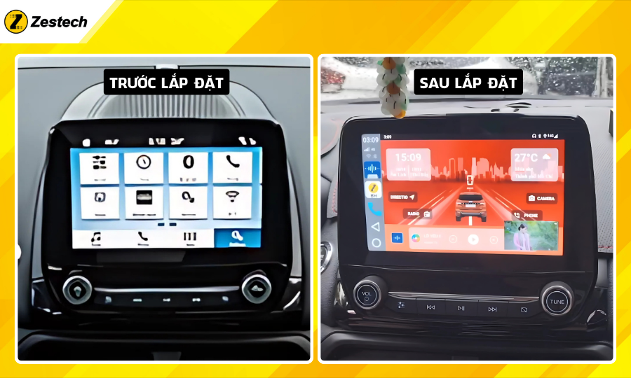 Trước và sau khi lắp đặt Android Box cho xe Ford Ecosport 2021-2024