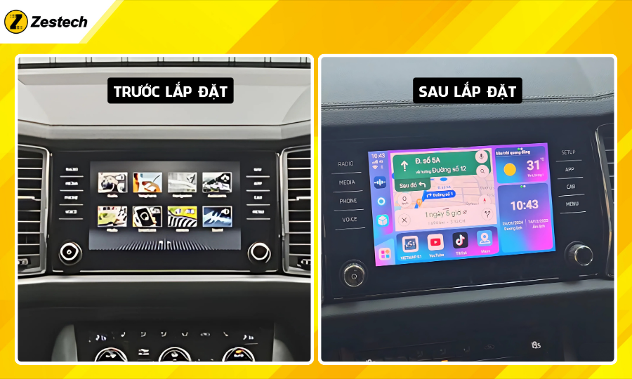 Trước và sau khi lắp đặt Android Box cho xe Skoda Kodiaq 2017-2021
