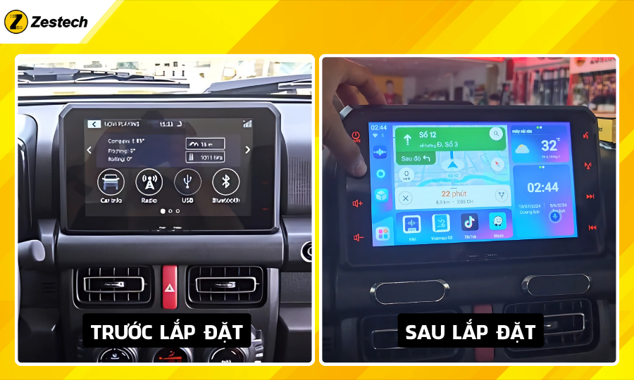 Trước và sau khi lắp đặt Android Box cho xe Suzuki Jimny 2018-2024