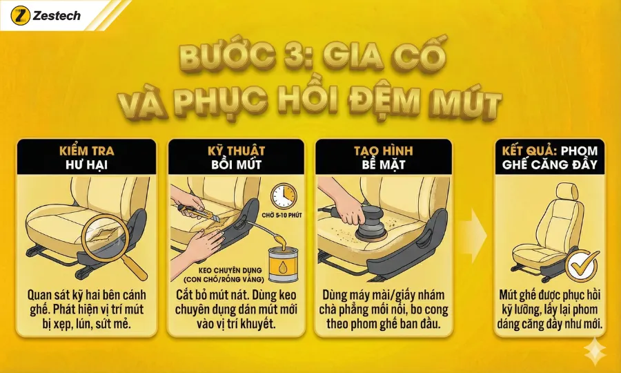 Hướng dẫn bọc ghế da ô tô tại nhà với 5 bước chuẩn kỹ thuật 9 Bước 3: Gia cố và phục hồi đệm mút (Bước quan trọng)