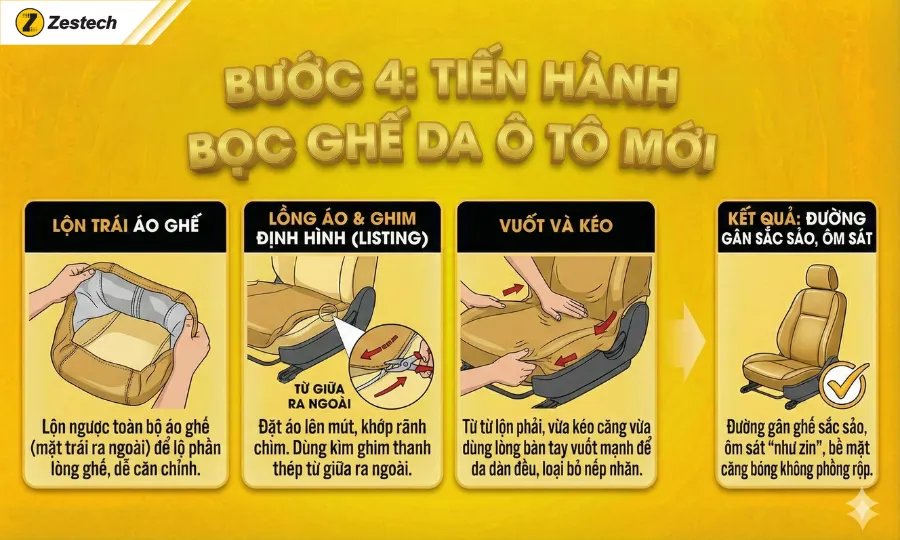 Hướng dẫn bọc ghế da ô tô tại nhà với 5 bước chuẩn kỹ thuật 10 Bước 4: Tiến hành bọc ghế da ô tô mới (Kỹ thuật khó nhất)