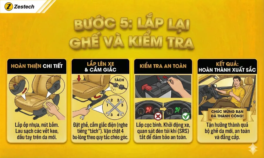 Hướng dẫn bọc ghế da ô tô tại nhà với 5 bước chuẩn kỹ thuật 11 Bước 5: Lắp lại ghế và kiểm tra