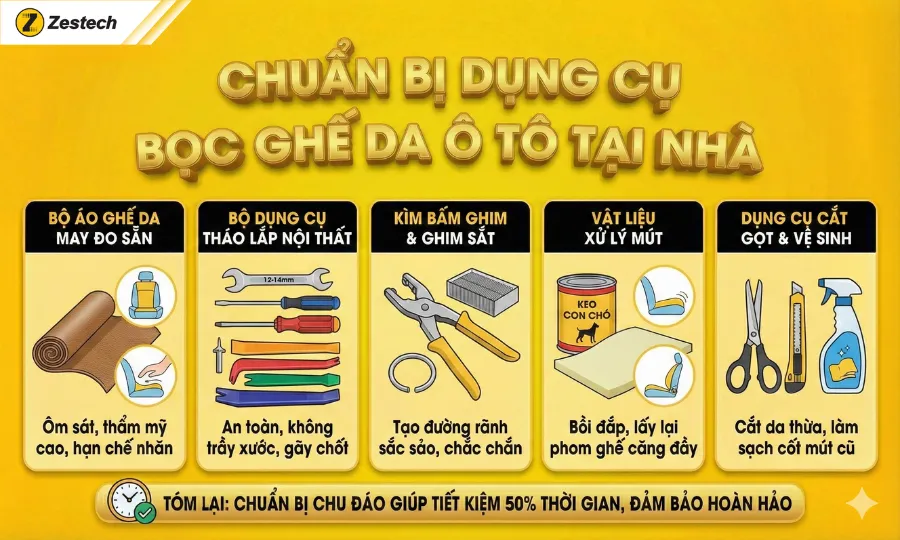Hướng dẫn bọc ghế da ô tô tại nhà với 5 bước chuẩn kỹ thuật 6 Chuẩn bị dụng cụ cần thiết để tự bọc ghế da ô tô tại nhà