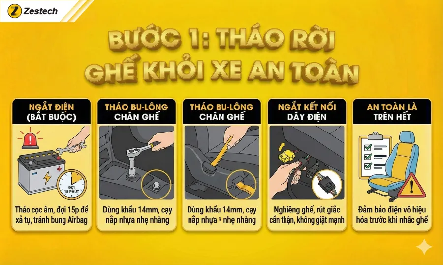 Hướng dẫn bọc ghế da ô tô tại nhà với 5 bước chuẩn kỹ thuật 7 Bước 1: Tháo rời ghế ra khỏi xe an toàn