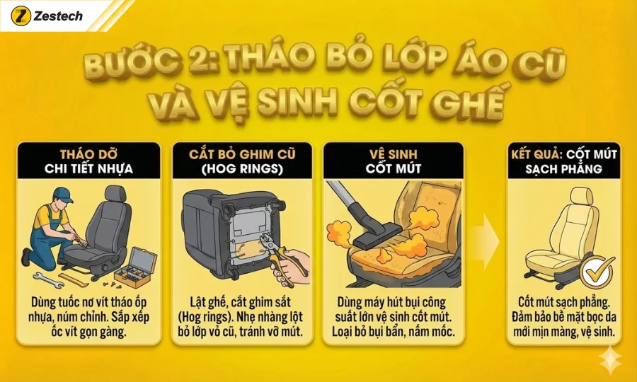 Hướng dẫn bọc ghế da ô tô tại nhà với 5 bước chuẩn kỹ thuật 8 Bước 2: Tháo bỏ lớp áo cũ và vệ sinh cốt ghế
