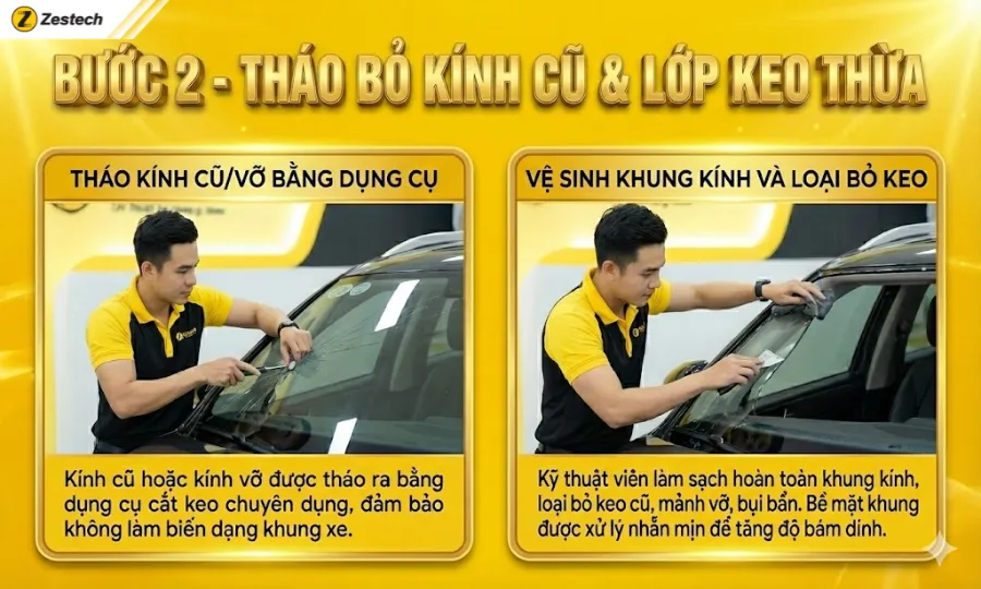 Khi nào cần thay kính ô tô? Hướng dẫn xử lý khi xe bị vỡ kính 6 Bước 2 - Tháo bỏ kính cũ và lớp keo thừa
