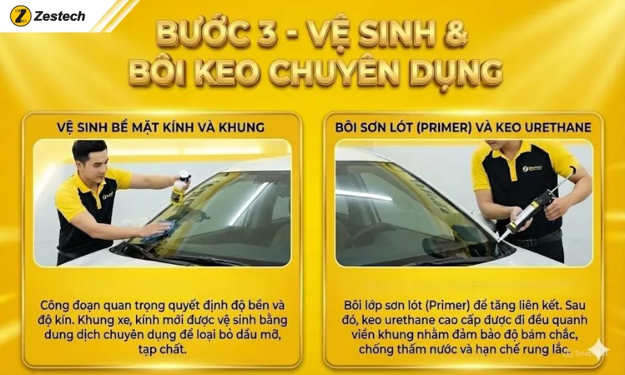 Khi nào cần thay kính ô tô? Hướng dẫn xử lý khi xe bị vỡ kính 7 Bước 3-Vệ sinh và bôi keo chuyên dụng