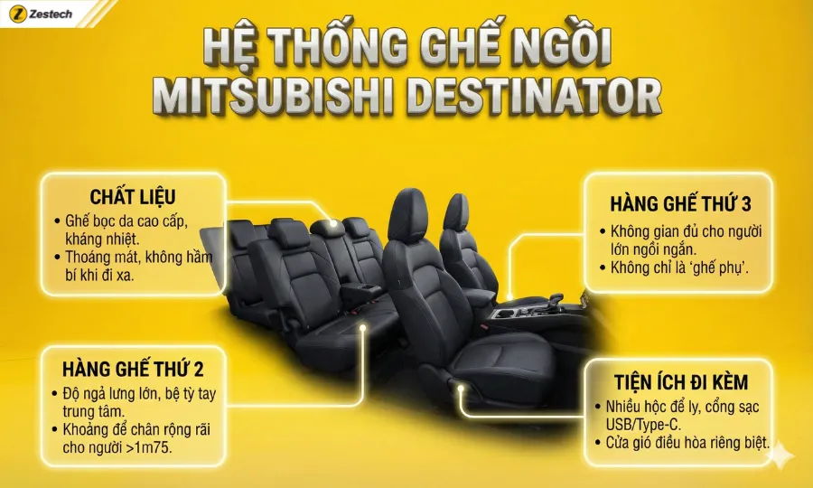 Đánh giá xe Mitsubishi Destinator 2025: Thông số, Giá bán 7 Thiết kế hệ thống ghế ngồi trên Mitsubishi Destinator