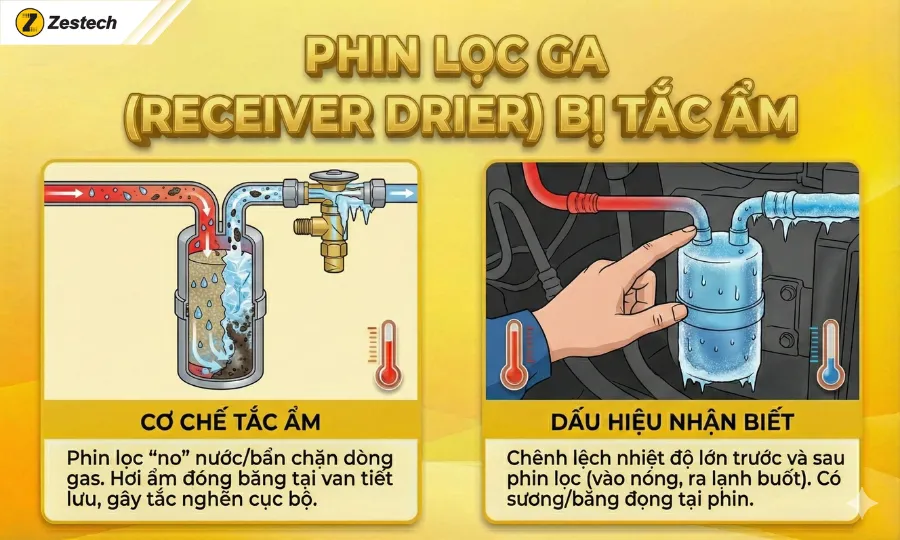 Điều hòa không mát: 8 nguyên nhân và cách khắc phục 8 Điều hòa ô tô không mát do phin lọc gas bị tắc ẩm