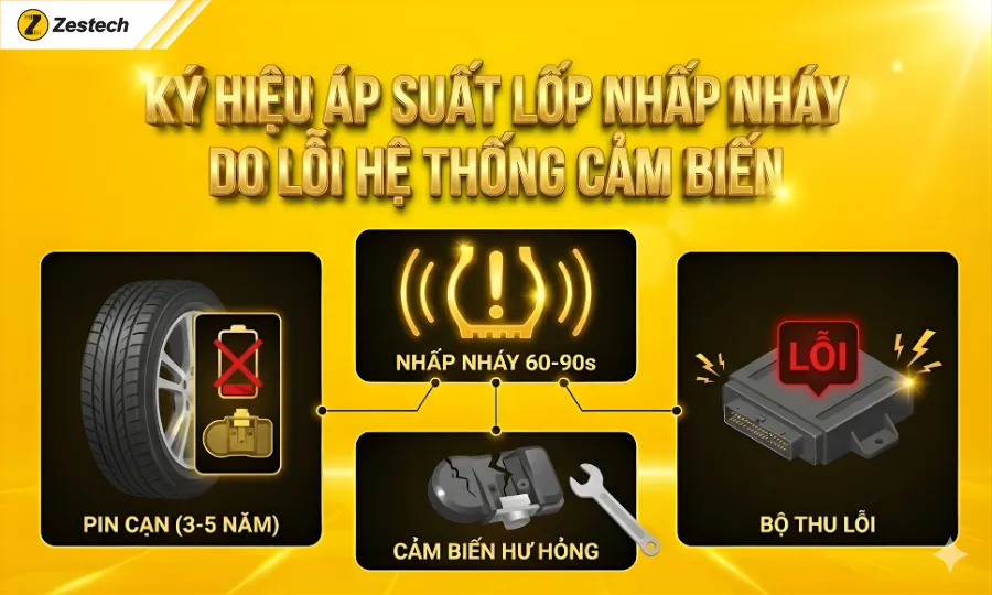 3 Kí hiệu áp suất lốp thường gặp & Cách xử lý 5 Lỗi hệ thống cảm biến khiến kí hiệu áp suất lốp nhấp nháy