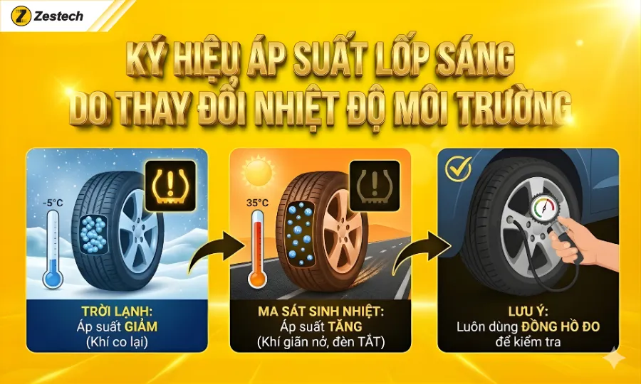 3 Kí hiệu áp suất lốp thường gặp & Cách xử lý 6 Kí hiệu áp suất lốp bật sáng do thay đổi nhiệt độ môi trường