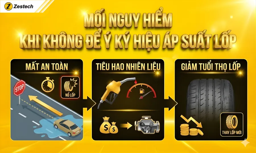 3 Kí hiệu áp suất lốp thường gặp & Cách xử lý 7 Mối nguy hiểm khi phớt lờ kí hiệu áp suất lốp