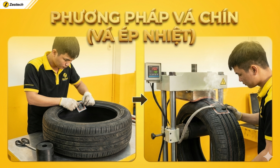 5 phương pháp vá lốp ô tô và hướng dẫn tự làm tại nhà 4 Phương pháp vá lốp ô tô - Vá Chín (Vá ép nhiệt)