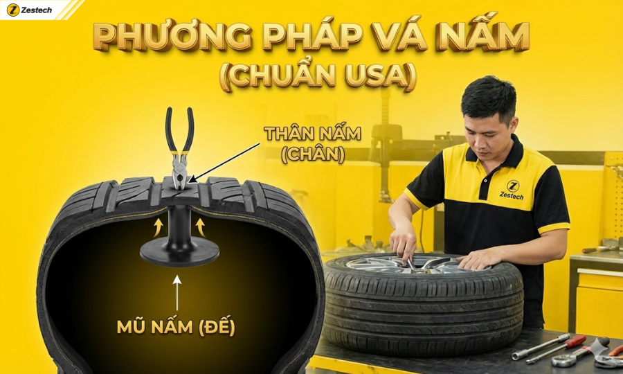 5 phương pháp vá lốp ô tô và hướng dẫn tự làm tại nhà 6 Phương pháp vá lốp ô tô - Vá Nấm (Chuẩn USA)