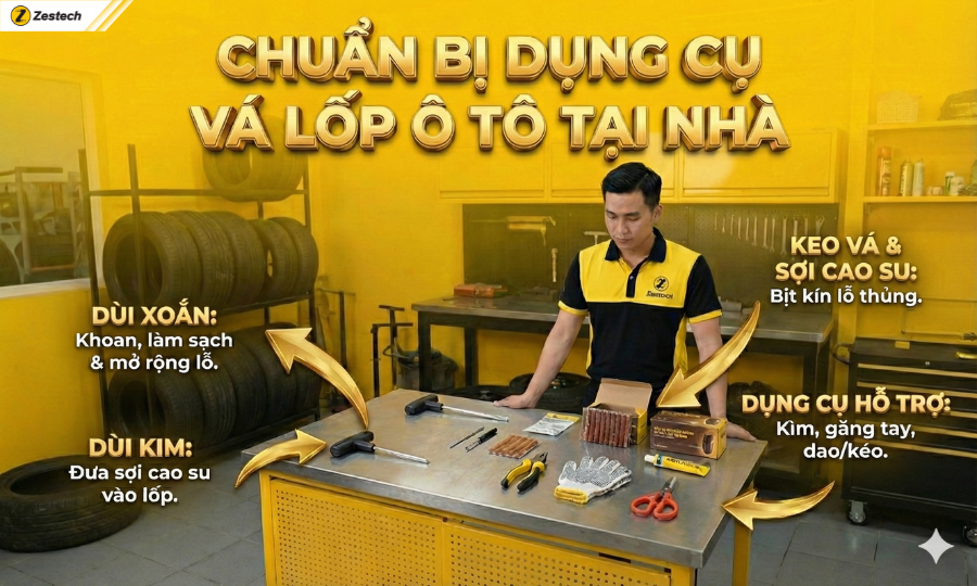 5 phương pháp vá lốp ô tô và hướng dẫn tự làm tại nhà 8 Chuẩn bị dụng cụ vá lốp ô tô tại nhà