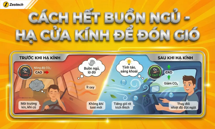 10+ cách hết buồn ngủ và giải pháp lái xe an toàn từ Zestech 3 Cách hết buồn ngủ-Hạ cửa kính đón gió