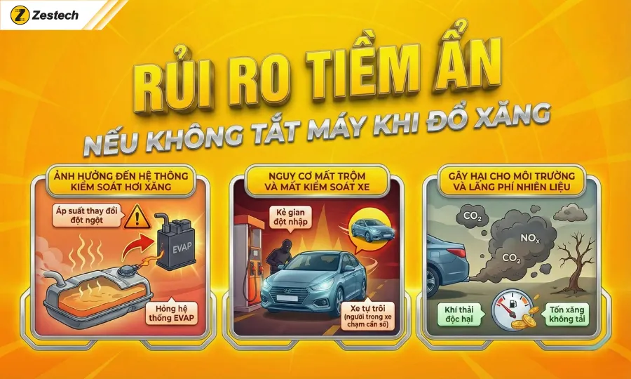 Khi đổ xăng oto có nên tắt máy? Câu trả lời từ chuyên gia kỹ thuật 3 Rủi ro tiềm ẩn nếu không tắt máy khi đổ xăng