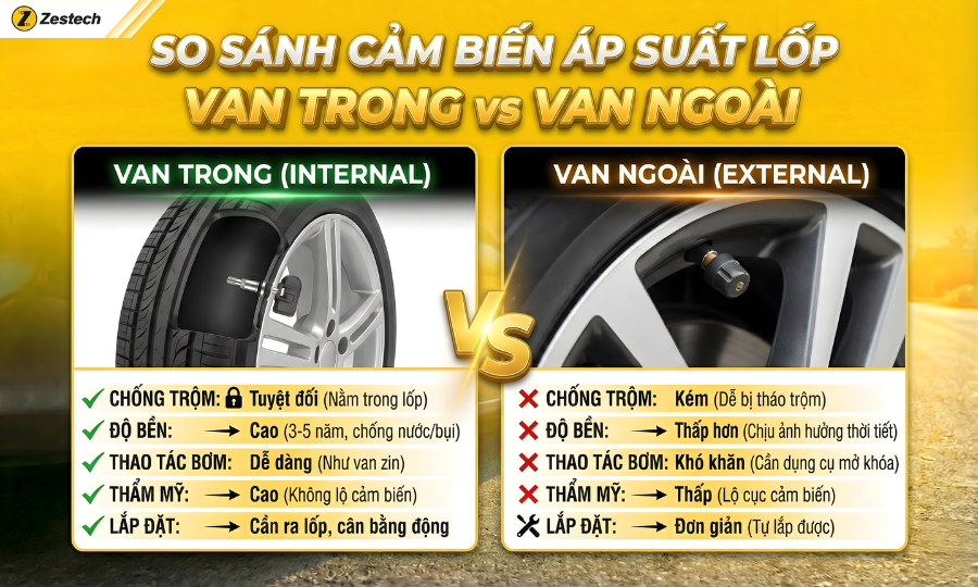 Cảm biến áp suất lốp van trong Zestech tích hợp màn hình oto 4 Vì sao nên chọn cảm biến áp suất lốp van trong thay vì van ngoài?