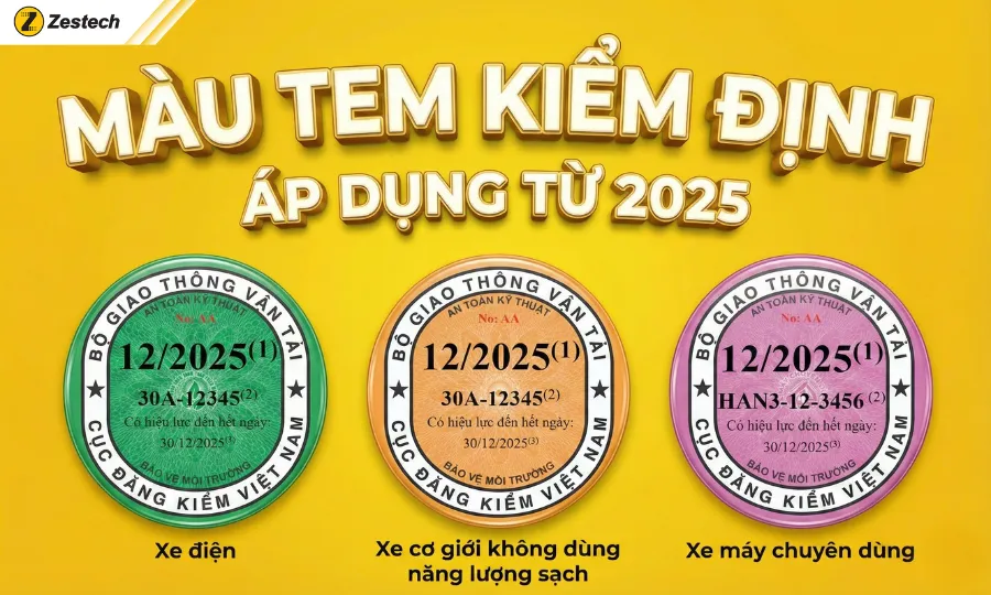 Cách nhận biết màu tem kiểm định xe điện, xe động cơ đốt trong 1 Nhận biết màu tem kiểm định