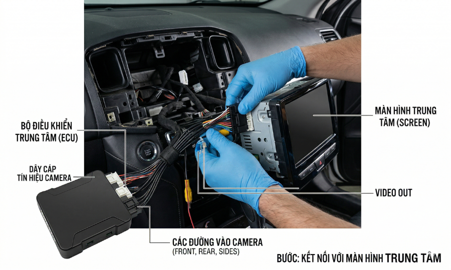 Hướng dẫn tự lắp Cam 360 ô tô tại nhà chuẩn xác nhất 5 Bước 4: Kết nối với màn hình trung tâm của xe
