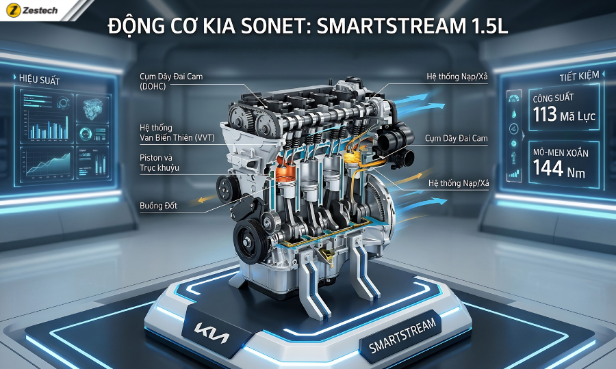 Đánh giá xe Kia Sonet 2026: Thông số & bảng giá lăn bánh 10 Động cơ xăng Smartstream của Kia Sonet