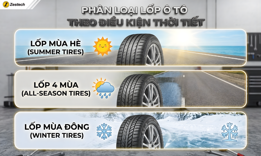 Bảng giá lốp ô tô mới nhất 2026: các loại lốp & cách chọn 1 Phân loại lốp ô tô theo điều kiện thời tiết
