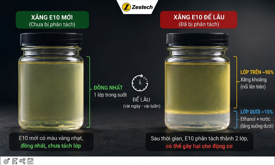 Bán xăng sinh học E10 trên toàn quốc từ 1/6/2026 6 Hiện tượng tách lớp E10 khi để xe lưu kho lâu ngày