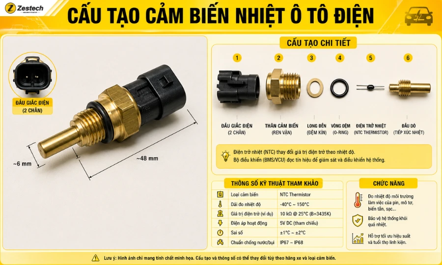 Cảm biến nhiệt độ ô tô: Cấu tạo, vai trò và lưu ý quan trọng 2 Cấu tạo cảm biến nhiệt ô tô điện