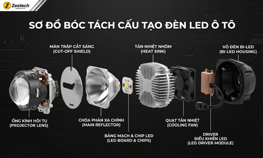 Đèn LED ô tô siêu sáng và bảng giá độ đèn mới nhất 2026 2 Cấu tạo cơ bản của đèn LED ô tô
