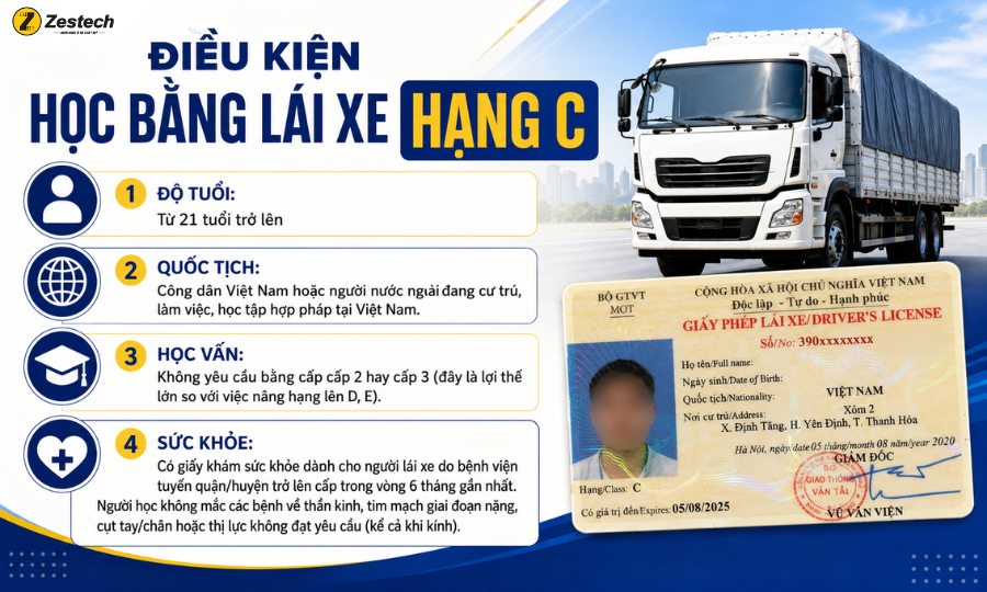 Bằng lái xe hạng C: Quy định mới từ 1/1/2025 & thủ tục từ A-Z 3 Điều kiện học bằng lái xe hạng C