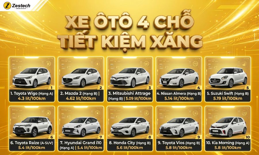 Top 10 xe ô tô tiết kiệm xăng - phân khúc cỡ nhỏ