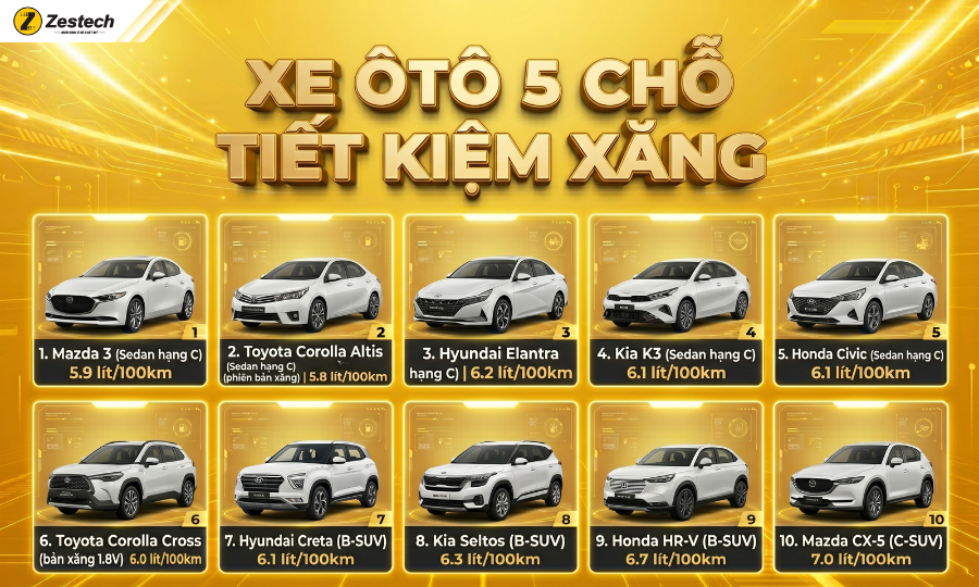 Top 10 xe ô tô tiết kiệm xăng - phân khúc 5 chỗ