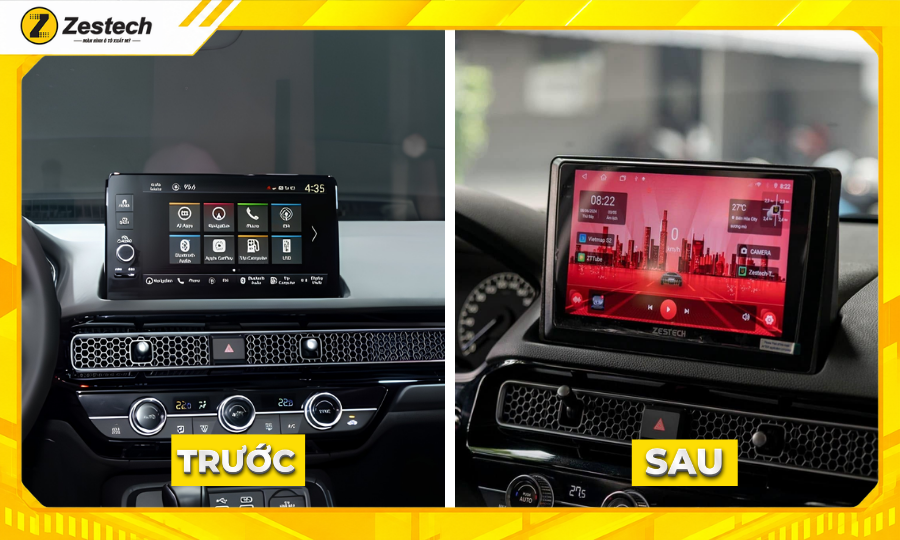 Hình ảnh so sánh trước và sau khi lắp Màn hình Android ô tô cho Honda Civic