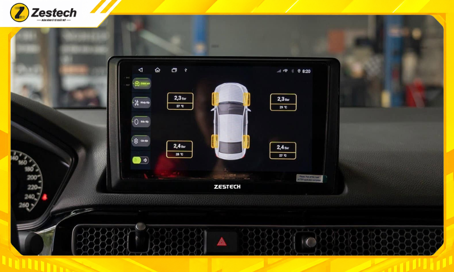 Màn hình Android ô tô cho Honda Civic hiển thị thông tin áp suất lốp