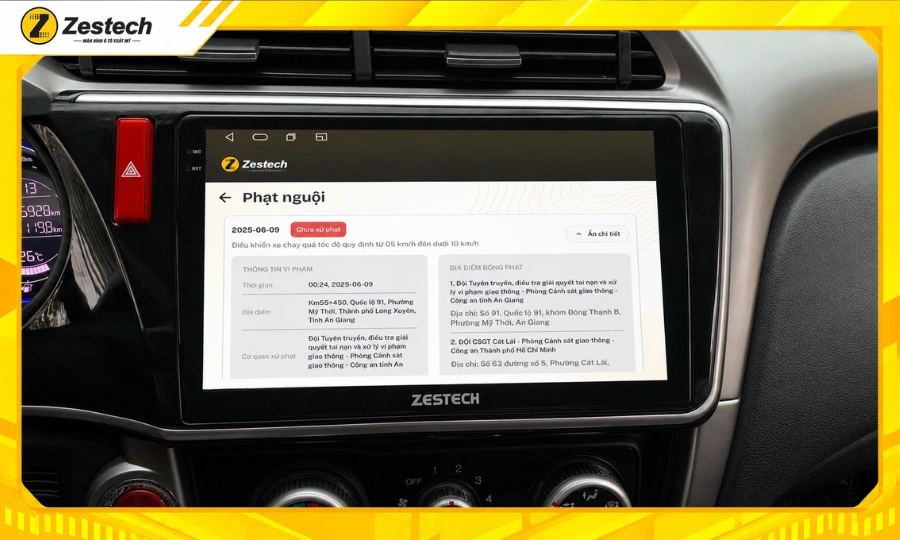 Màn hình Android ô tô cho xe Honda City thông báo phạt nguội