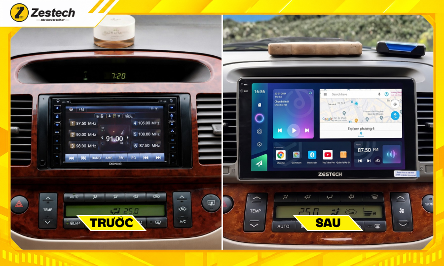 Màn hình android ô tô cho xe Toyota Camry 2002-2006 3 Trước và sau khi lắp đặt màn hình android ô tô cho xe Camry 2002-2006