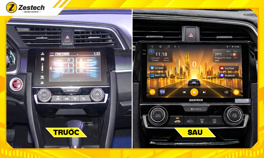 Trước và sau khi nâng cấp màn hình ô tô android cho xe Honda Civic 2012, 2013, 2014, 2015, 2016