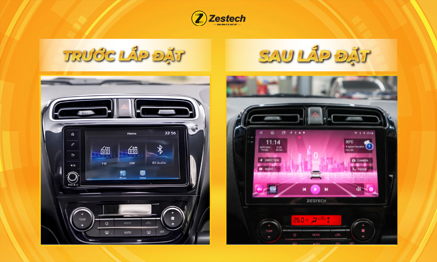 Hình ảnh trước và sau khi lắp đặt màn hình Android ô tô cho xe Mitsubishi Attrage