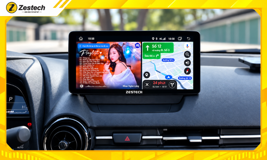 Màn hình ô tô Android cho xe Mazda 2 chạy song song 2 ứng dụng