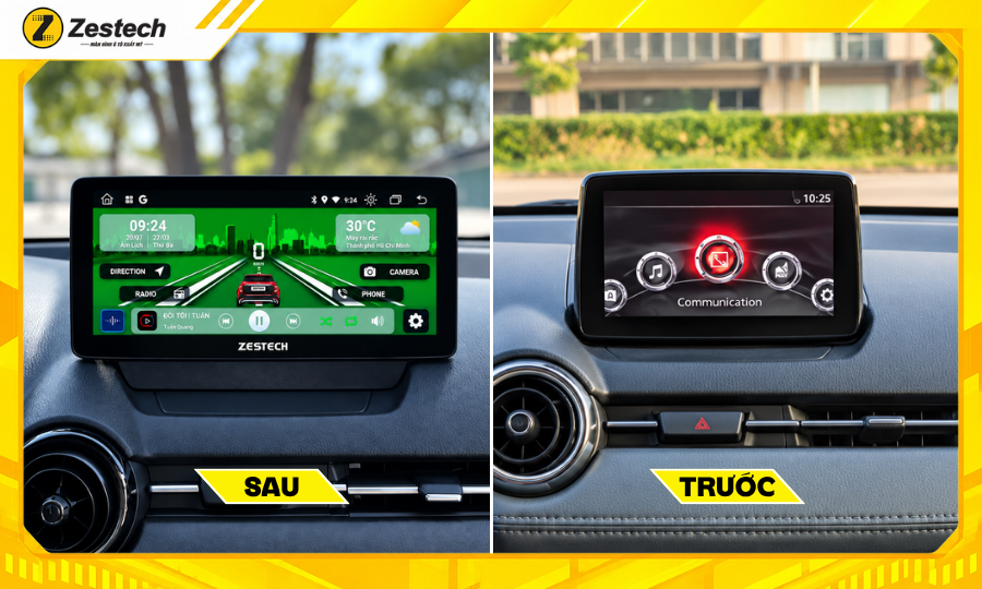 Màn hình ô tô Android cho xe Mazda 2 2 Trước và sau khi lắp màn hình ô tô Android cho xe Mazda 2