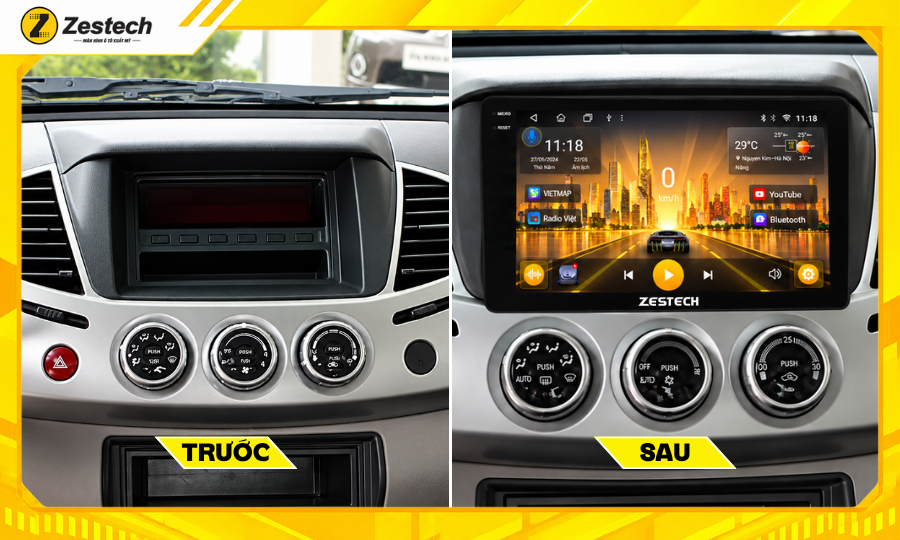 Trước và sau khi lắp màn hình ô tô Android cho xe Mitsubishi Triton 2009-2014