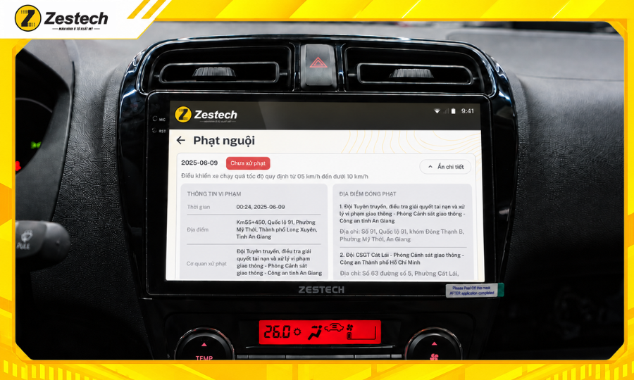 Thông báo phạt nguội trên màn hình Android ô tô cho xe Mitsubishi Attrage