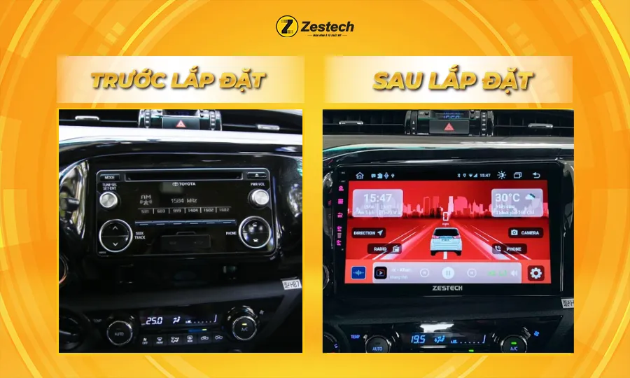 Màn hình Android ô tô cho xe Hilux 2009-2015 2 Trước và sau khi lắp đặt màn hình Android ô tô cho xe Hilux 2009-2015