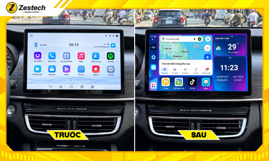 Android Box ô tô cho xe BYD M6 2 Trước và sau khi lắp đặt Android Box ô tô cho xe BYD M6