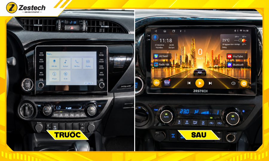 Trước và sau khi lắp đặt màn hình ô tô Android cho xe Hilux 2021-2025