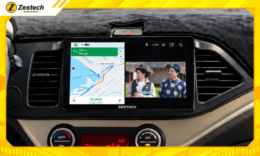 Màn hình ô tô Android cho xe Kia Morning 2017-2020 hiển thị đa nhiệm 2 ứng dụng cùng lúc